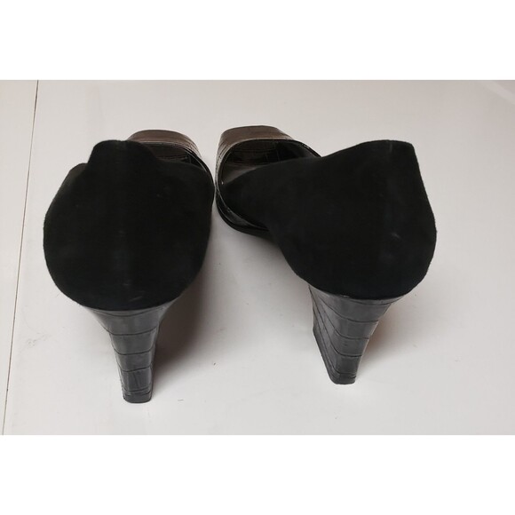 Tahari Women's Open Toe Black Suede Leather Croc Print Accent Heel Sz 10 PO Good - Picture 11 of 14